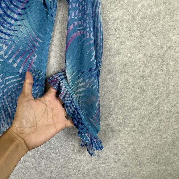 Blue Abstract Mesh Disco Top Size XS Crop Button Front Long Ruffle Flare Sleeve - Picture 2 of 10